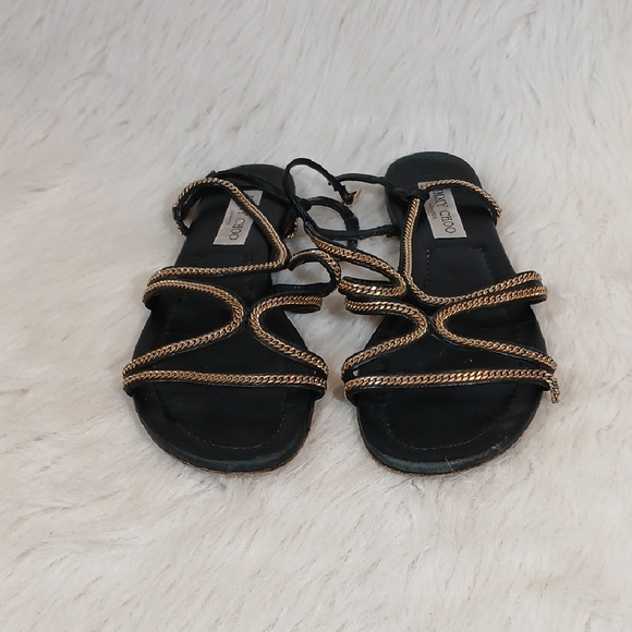 Jimmy Choo Shoes - Jimmy Choo Leather Slingback Sandals Black Chain-Link Accent Sz 39